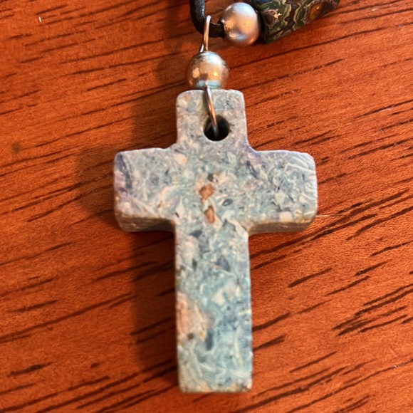 Beautiful boho style necklace with chunky blue stone cross on a leather cord. - Picture 4 of 16